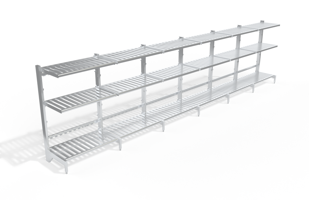 3-Tier Freestanding Heavy Duty Aluminum Quick Change (Lift-And-Lock) Cantilever Shelving Unit With (18) T-Bar (Slatted) Shelves - Shelving Kit/Complete Shelving Unit - 27"W x 72.25"H x 290.75"L