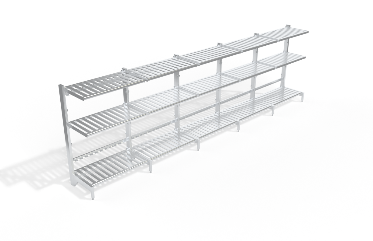 3-Tier Freestanding Heavy Duty Aluminum Quick Change (Lift-And-Lock) Cantilever Shelving Unit With (15) T-Bar (Slatted) Shelves - Shelving Kit/Complete Shelving Unit - 27"W x 72.25"H x 242.75"L