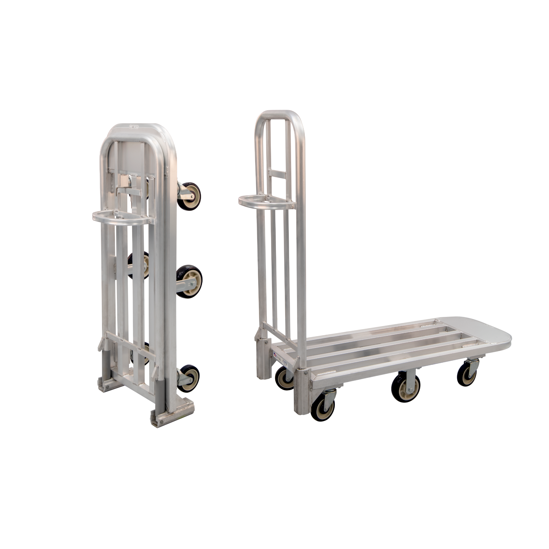 Mobile Collapsible Heavy Duty Welded Aluminum "L" Type Stocking & Utility Cart With Folding Handle & 18"W x 60.5"L Deck Size - Unfolded 18"W x 69.875" x 66.9375"L - Folded 18"W x 17.125" x 66.9375"L