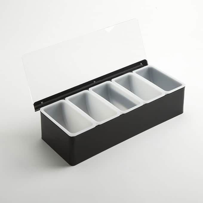 5-Compartment Condiment Holder, 14-3/4"L, Stainless Steel, Black
