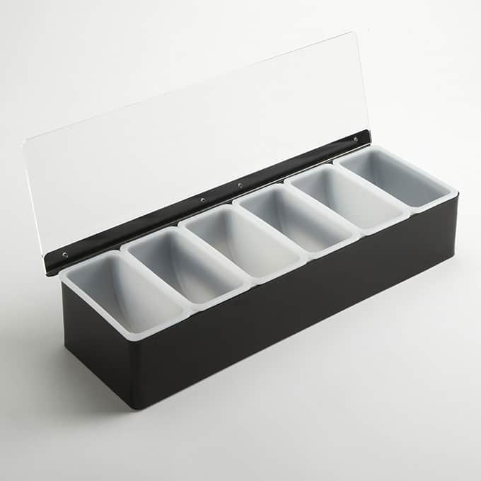 6-Compartment Condiment Holder, 17-3/4"L, Stainless Steel, Black