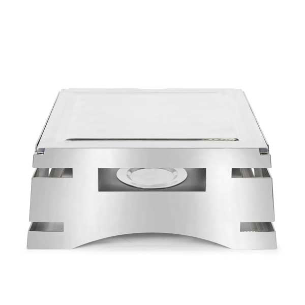 All-in-One REVO Chafer Stand, square, 17”W x 16”D x 7”H, includes hook-on sterno shelf & griddle top, 18/10 stainless steel polished frame, hinged chafer, carving board, grill, & induction stove capabilities