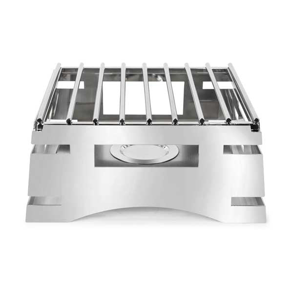 All-in-One REVO Chafer Stand, square, 17”W x 16”D x 7”H, includes hook-on sterno shelf & grill top, 18/10 stainless steel polished frame, hinged chafer, carving board, griddle, & induction stove capabilities