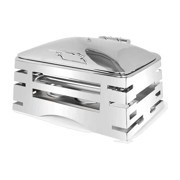 All-in-One REVO Chafer Stand, rectangle, 23-3/4”W x 16”D x 7”H, includes hook-on sterno shelf, adaptor & 300W induction model #803IND, 18/10 stainless steel polished frame, hinged chafer, carving board, grill, griddle & ice bin capabilities