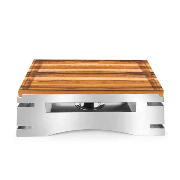 All-in-One REVO Chafer Stand, rectangle, 23-3/4”W x 16”D x 7”H, includes hook-on sterno shelf & butcher block carving board, 18/10 stainless steel polished frame, hinged chafer, grill, griddle, induction stove & ice bin capabilities