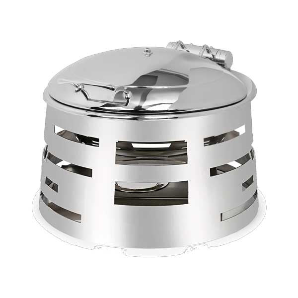 All-in-One REVO Chafer Stand, round, 18-3/4”D x 10”H, includes 5-star crown vessel, 18/10 stainless steel polished frame, grill, griddle, induction stove & carving board capabilities