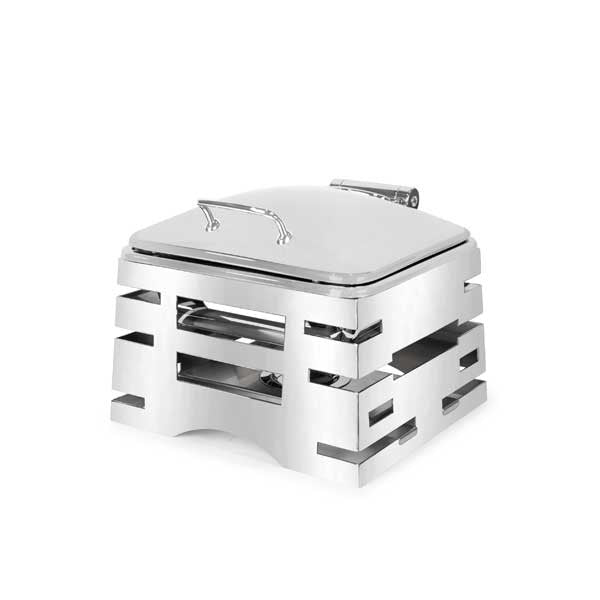 All-in-One REVO Chafer Stand, square, 17”W x 16”D x 10”H, includes hook-on sterno shelf & 4-star vessel, 18/10 stainless steel polished frame, grill, griddle, carving board, & induction stove capabilities
