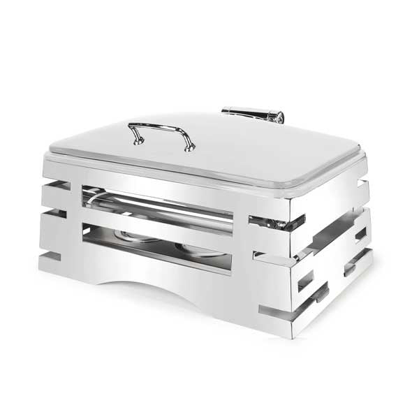 All-in-One REVO Chafer Stand, rectangle, 23-3/4”W x 16”D x 10”H, includes hook-on sterno shelf & rectangular 4-star chafer withDome lid, 18/10 stainless steel polished frame, grill, griddle, carving board, ice bin & induction stove capabilities