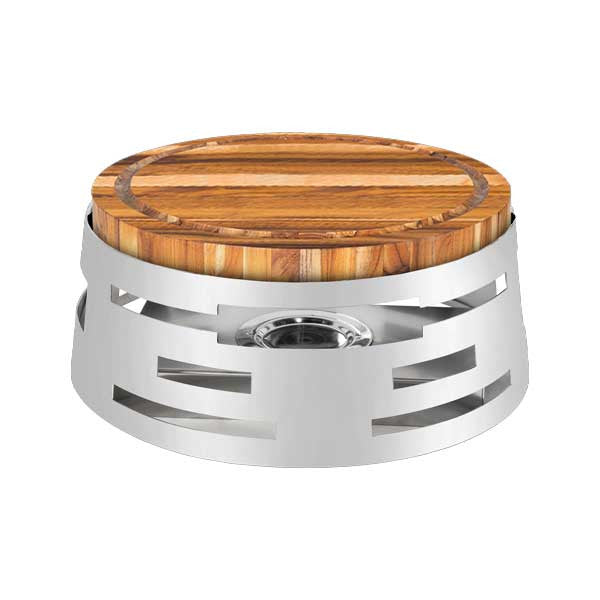 All-in-One REVO Chafer Stand, round, 18-3/4”D x 7”H, includes hook-on sterno shelf & butcher block carving board, 18/10 stainless steel polished frame, hinged chafer, grill, griddle & induction stove capabilities