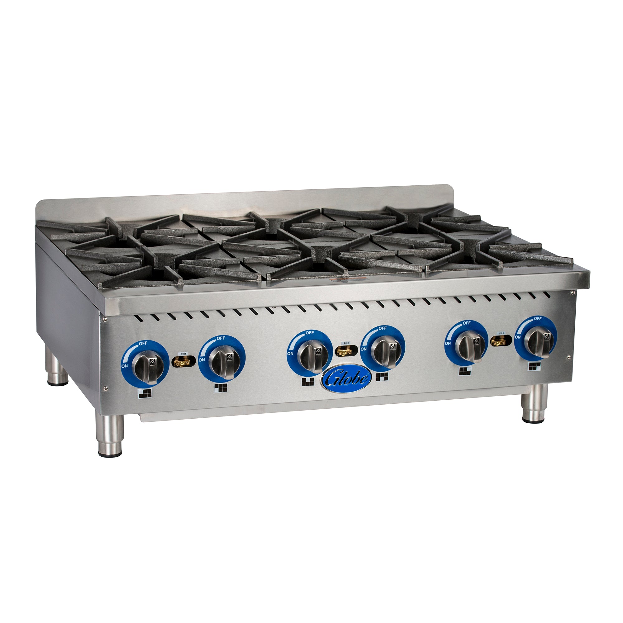 Hotplate, gas, countertop, (6) 22,000 BTU cast iron burners,