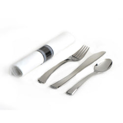 Silver Cutlery Roll Kit with Fork, Knife, Spoon & Napkin