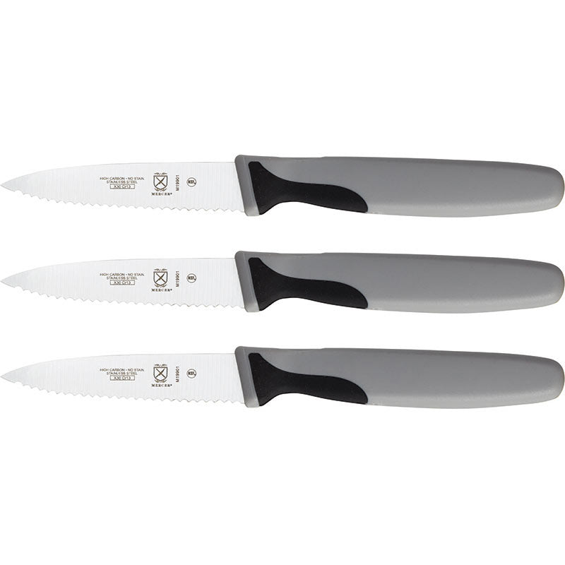 3" Millennia® Paring Knife, Slim Serrated Japanese Steel Blade, Santoprene® Handle, Black (3-Pack)