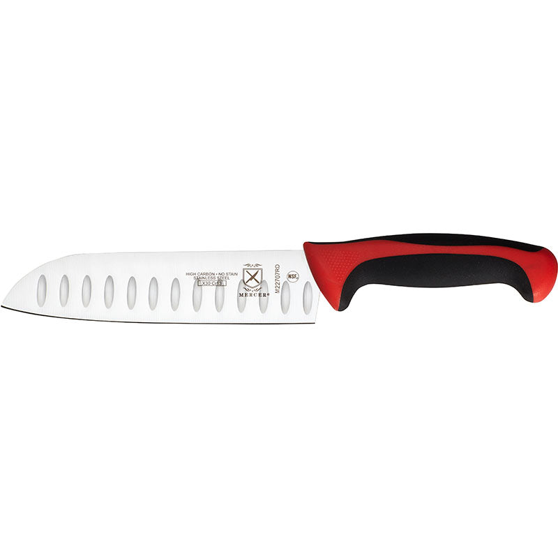 7" Millennia® Colors® Santoku Knife, Granton Edge, High-Carbon Japanese Steel, Santoprene® Handle, Red