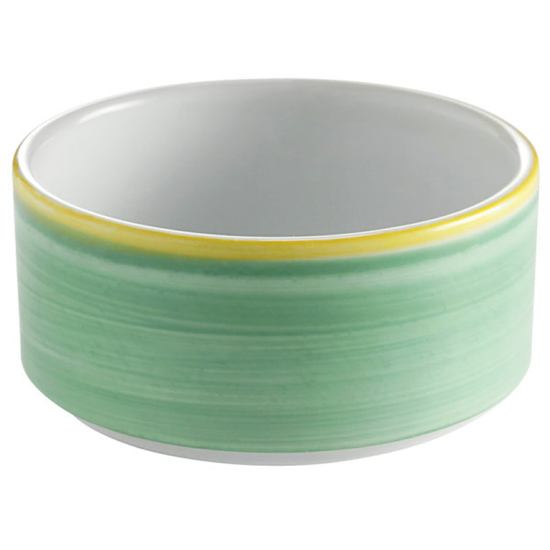 Corona Calypso 11 oz. Stackable Handleless Soup Cup, Green with Yellow Rim