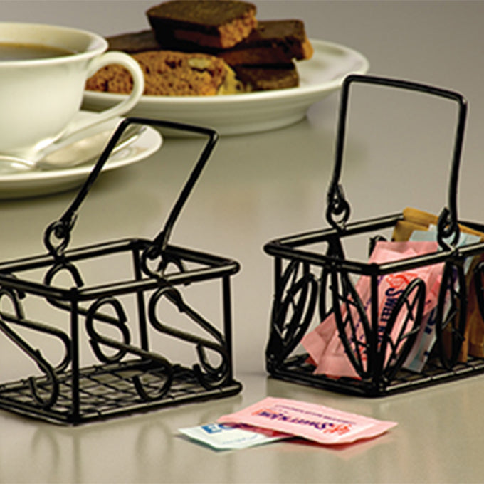 3-1/2" x 2-3/4" x 2-1/4"H Black Wrought Iron Sugar Packet Basket, Leaf Design