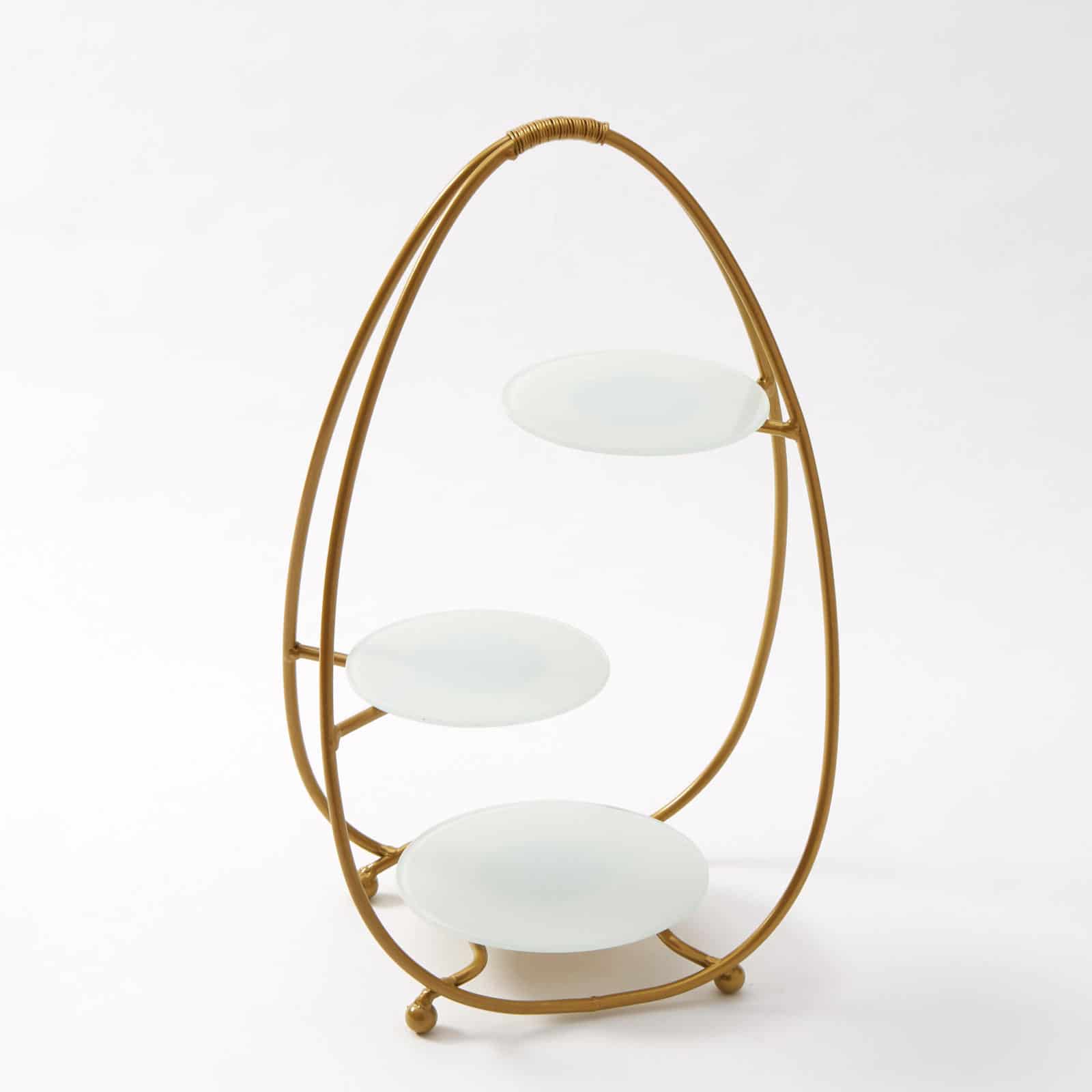 3-Tier Oval Gold Buffet Stand w/White Glass Plates