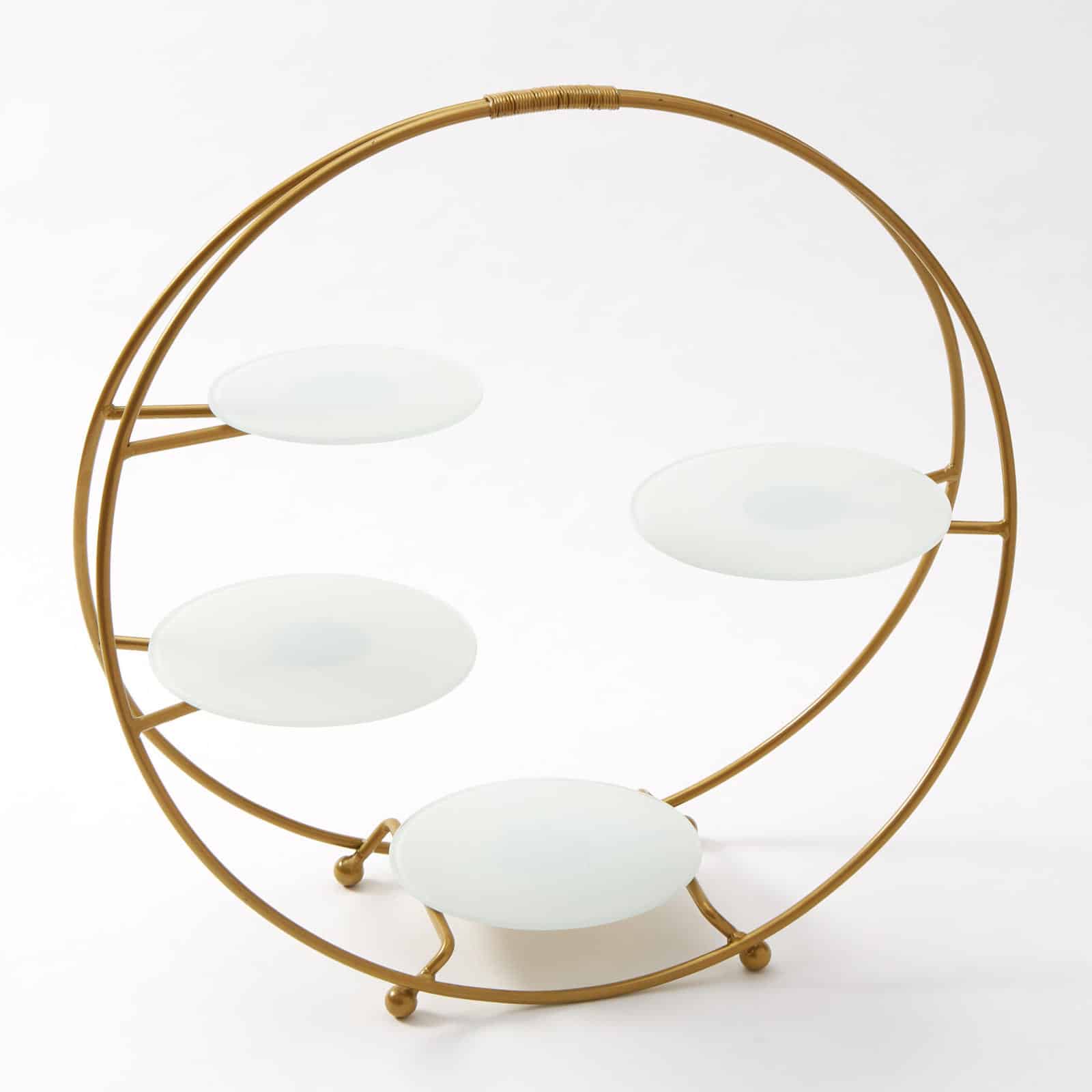 4-Tier Round Gold Buffet Stand w/White Glass Plates