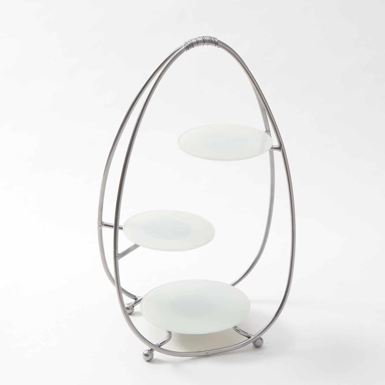 3-Tier Oval SIlver Buffet Stand w/White Glass Plates