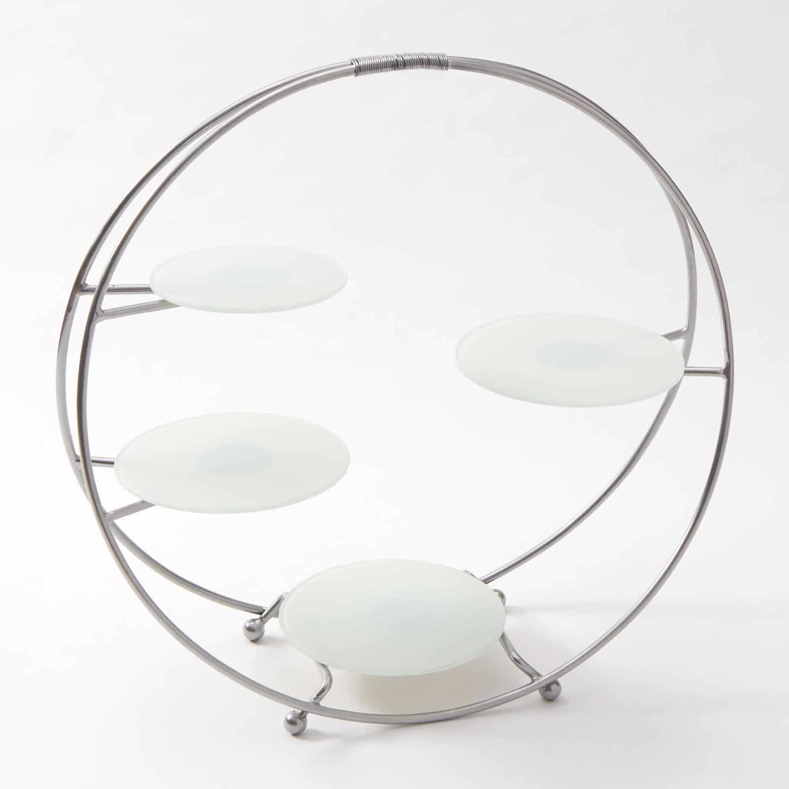 4-Tier Round Silver Buffet Stand w/White Glass Plates