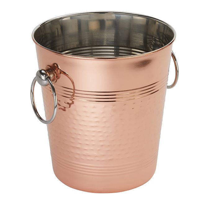 9-3/8" x 8" x 8-3/8"H Copper Plated Hammered Stainless Steel Wine Bucket