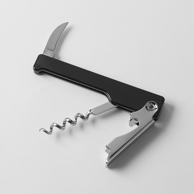 4-1/2"L Deluxe Waiter's Cork Screw w/Bottle Opener, Curved Knife, Black Plastic Handle