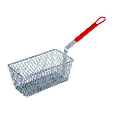 12-7/8" x 6-1/2" x 5-3/8"H Nickel Plated Fry Basket, Red Handle