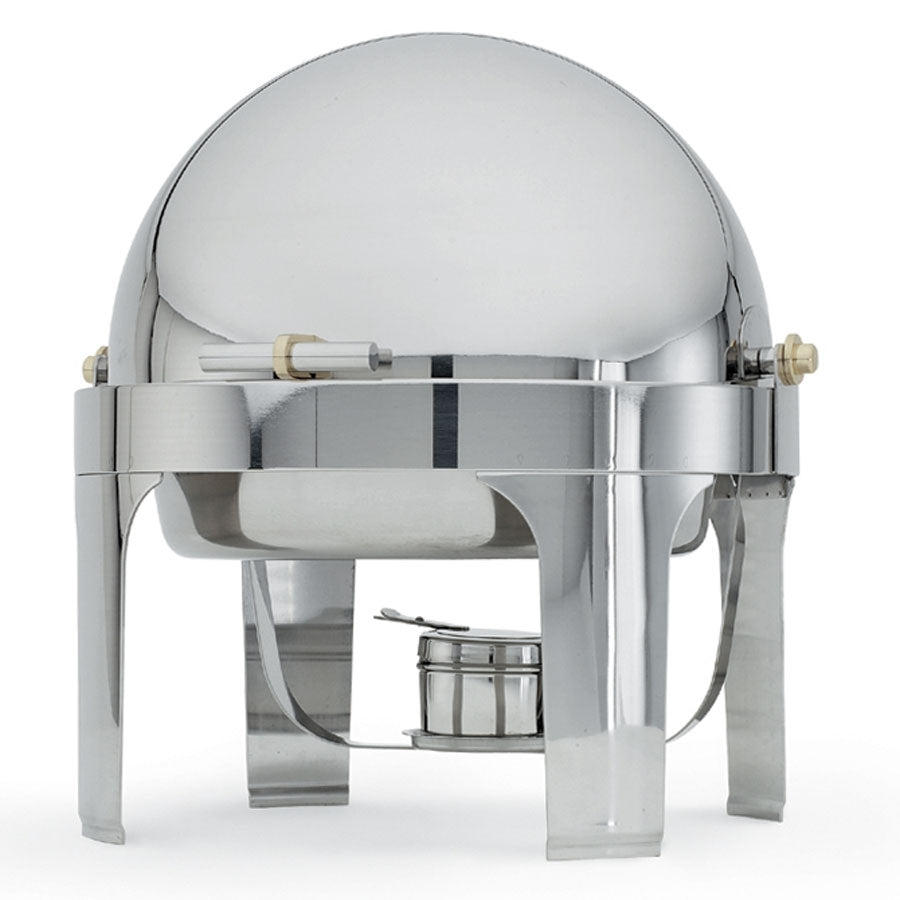 6-quart New York, New York® round countertop chafer with a roll-top dome cover, standard water pan and brass trim