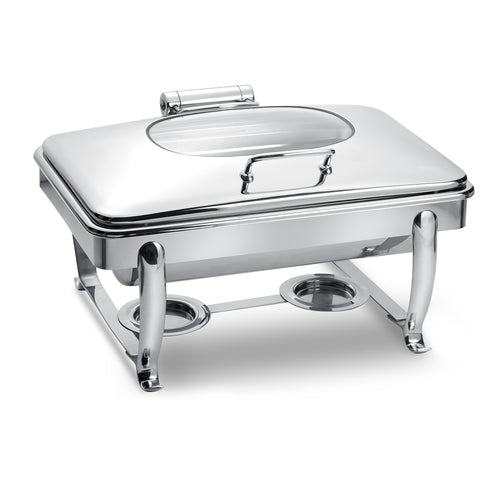 Park Avenue 8 Quart Rectangular Chafing Dish w/ Hinged Glass Lid with Stand, Brushed Stainless Steel