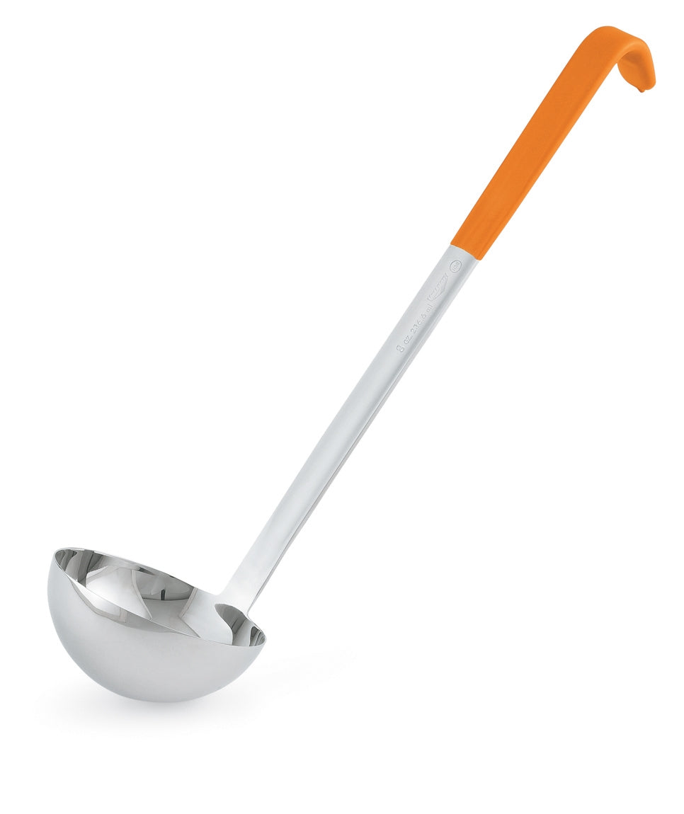 8-ounce heavy-duty stainless steel ladle with orange Kool-Touch® handle