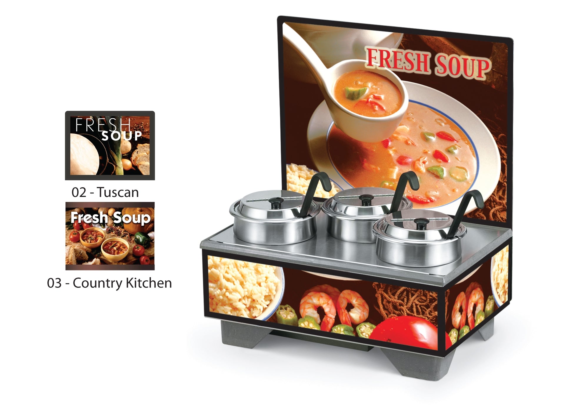 Full-Size Soup Merchandiser, 1220 Country Kitchen base with menu board and 4 qt. accessory pack