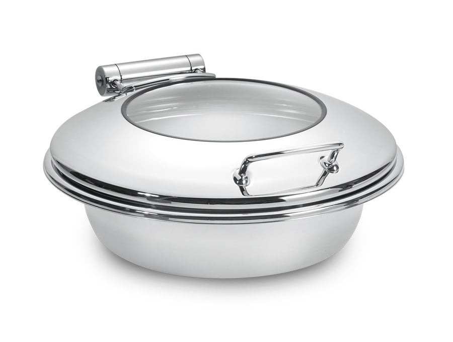 Park Avenue 6 Quart Round Chafing Dish w/ Hinged Glass Lid, Stainless Steel, Drip Free