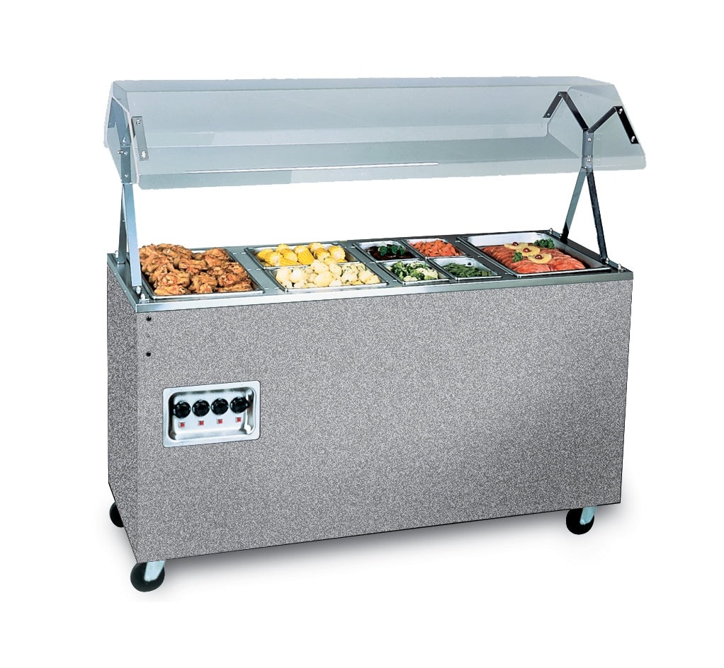 60-inch 120-volt four-well 2-Series hot-food station with cherry woodgrain base, storage compartment, lighting and buffet-style breath guards