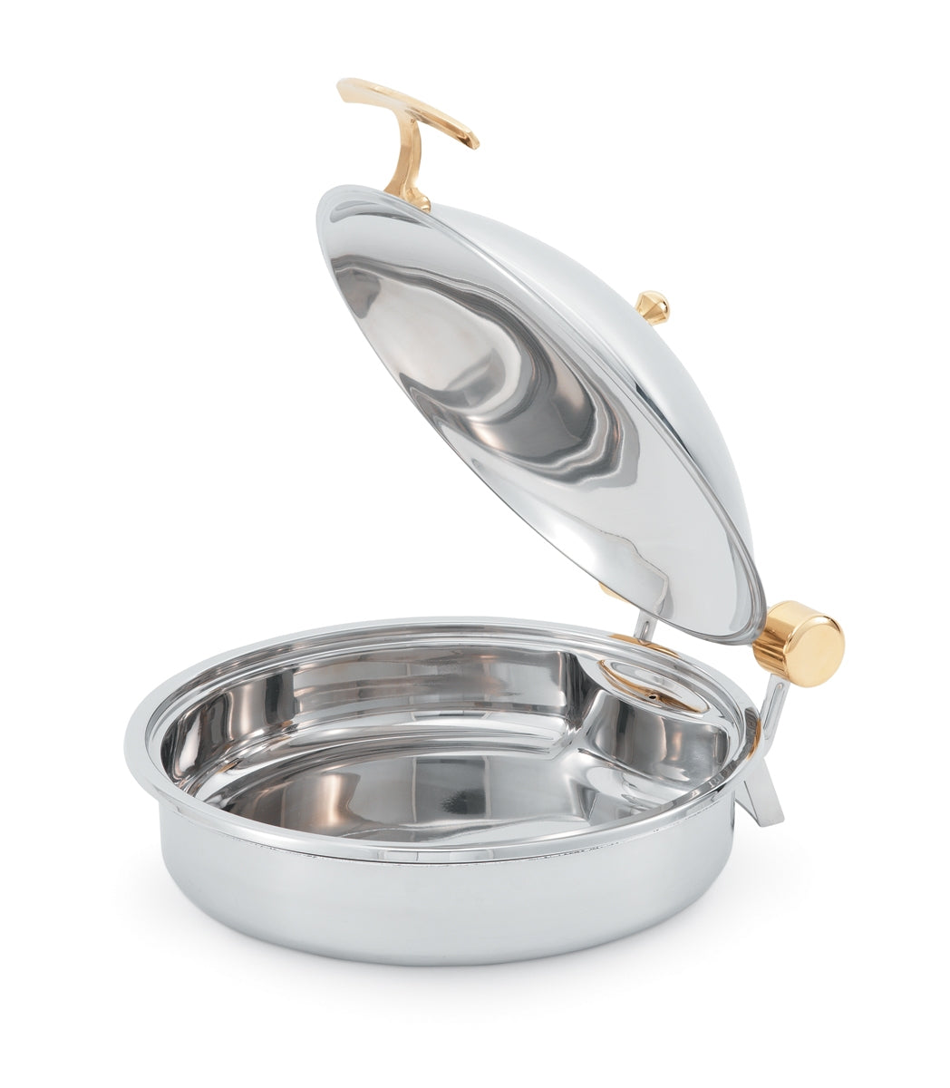 6-quart (5.8L) Intrigue® Round Chafer Brass Trim w/SS food pan - Stainless steel chafer with brass trim and stainless steel food pan