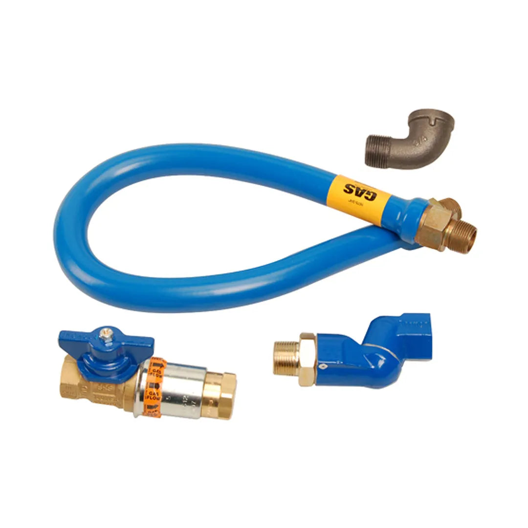 3/4"D Blue Hose™ Moveable Gas Connector Hose Assembly 48"L, Stainless Steel Braid, Retail Box, Safety Quik® QDV, Swivel MAX®, Street Elbow