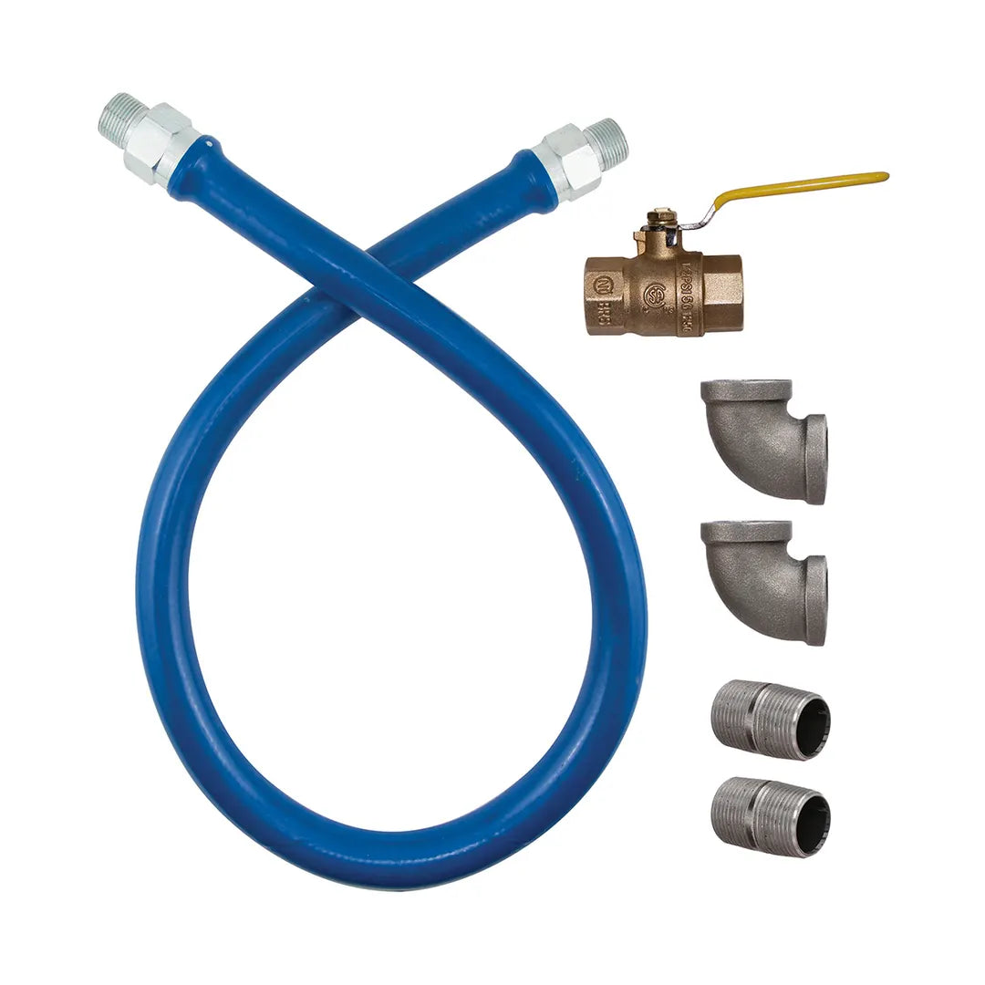 1"D Blue Hose™® Food Truck Gas Connector Kit 24"L, Elbow, Full Port Valve, Nipple, 582,000 BTU/hr, SKU CAN16100BPV24BXFT