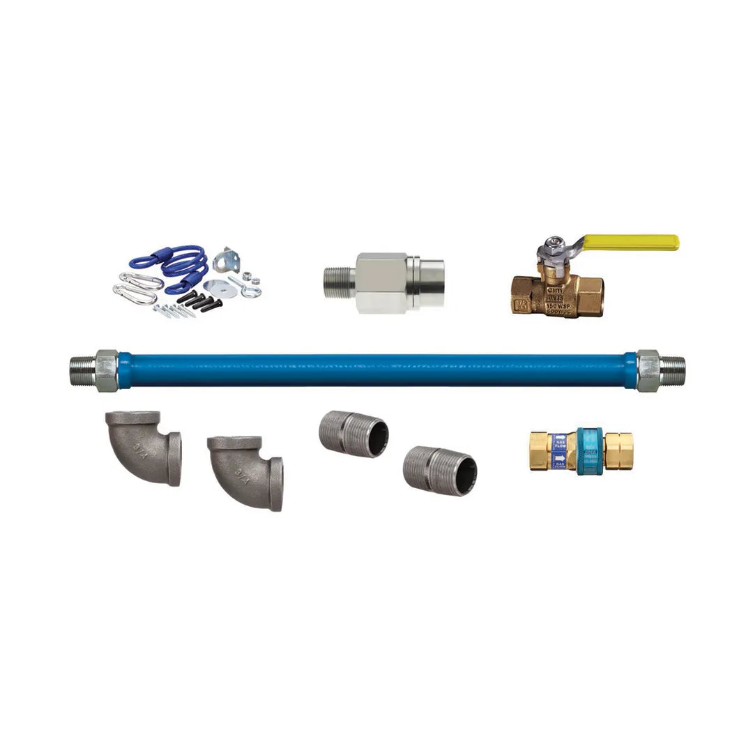 3/4"D Blue Hose™ Moveable Gas Connector Kit 36"L, Stainless Steel Braid, SnapFast® Push-to-Connect QD, 2 Street Elbows, Restraining Cable, Excess Flow Valve, Full Port Valve, 2 Nipples, 218,000 BTU/hr