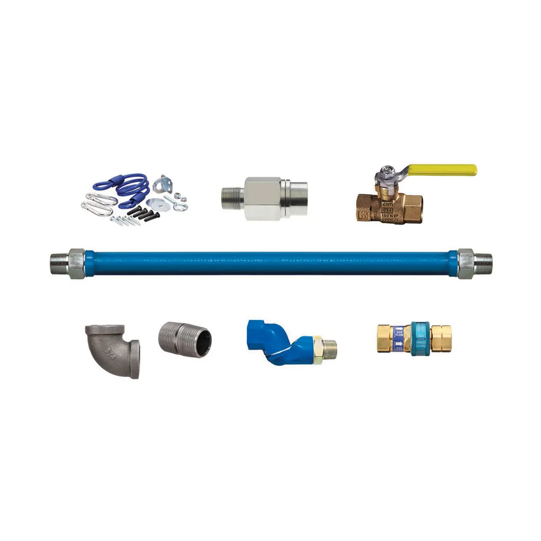3/4"D Blue Hose™ Moveable Gas Connector Kit 48"L, Stainless Steel Braid, SnapFast® Push-to-Connect QD, Swivel MAX®, Street Elbow, Restraining Cable, Excess Flow Valve, Full Port Valve, Nipple, 167,000 BTU/hr
