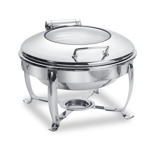Park Avenue 6 Quart Round Chafing Dish w/ Hinged Glass Lid, Brushed Stainless Steel, With Stand