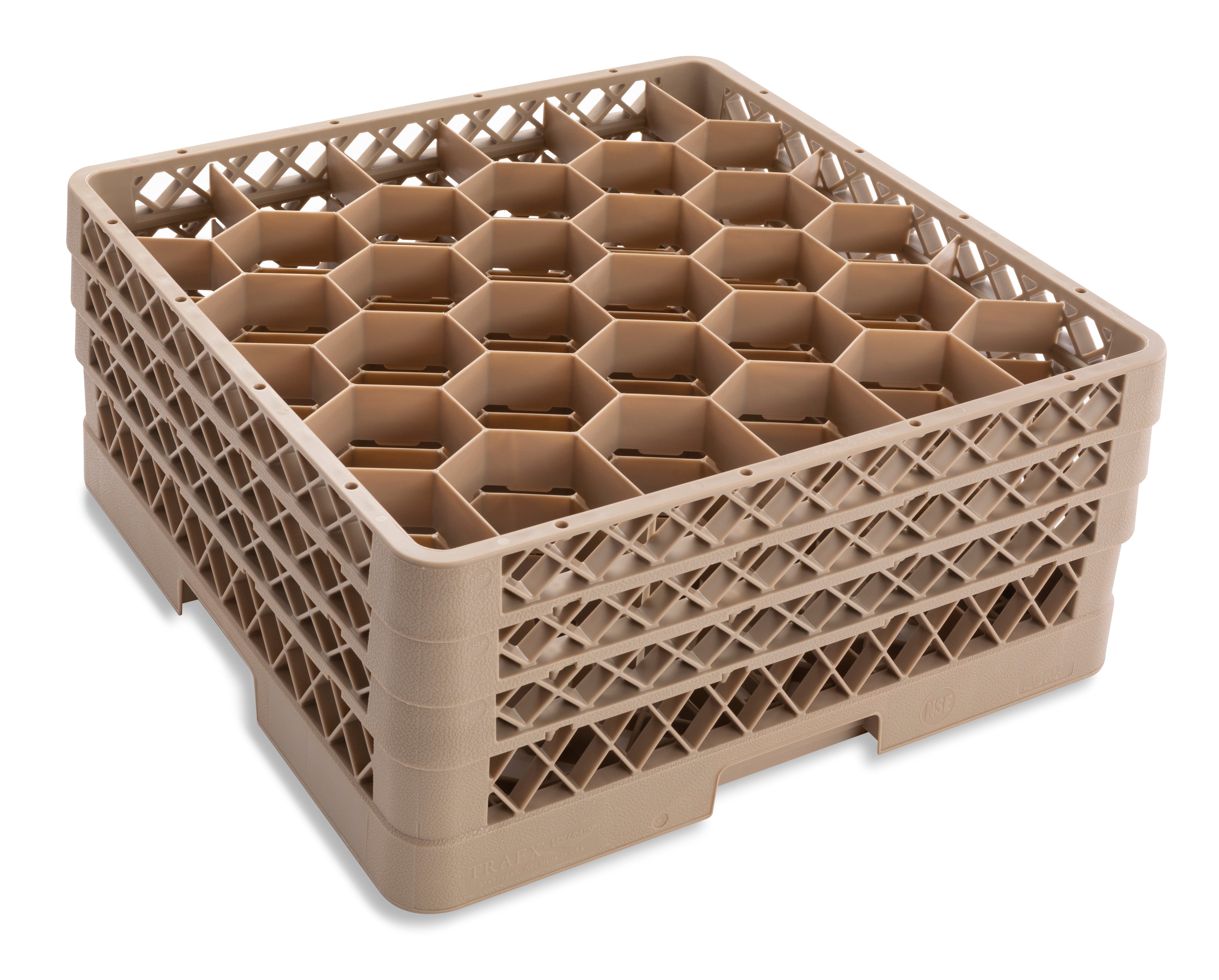 Full-size 30-compartment Traex® Rack Max® glass rack with three extenders in beige