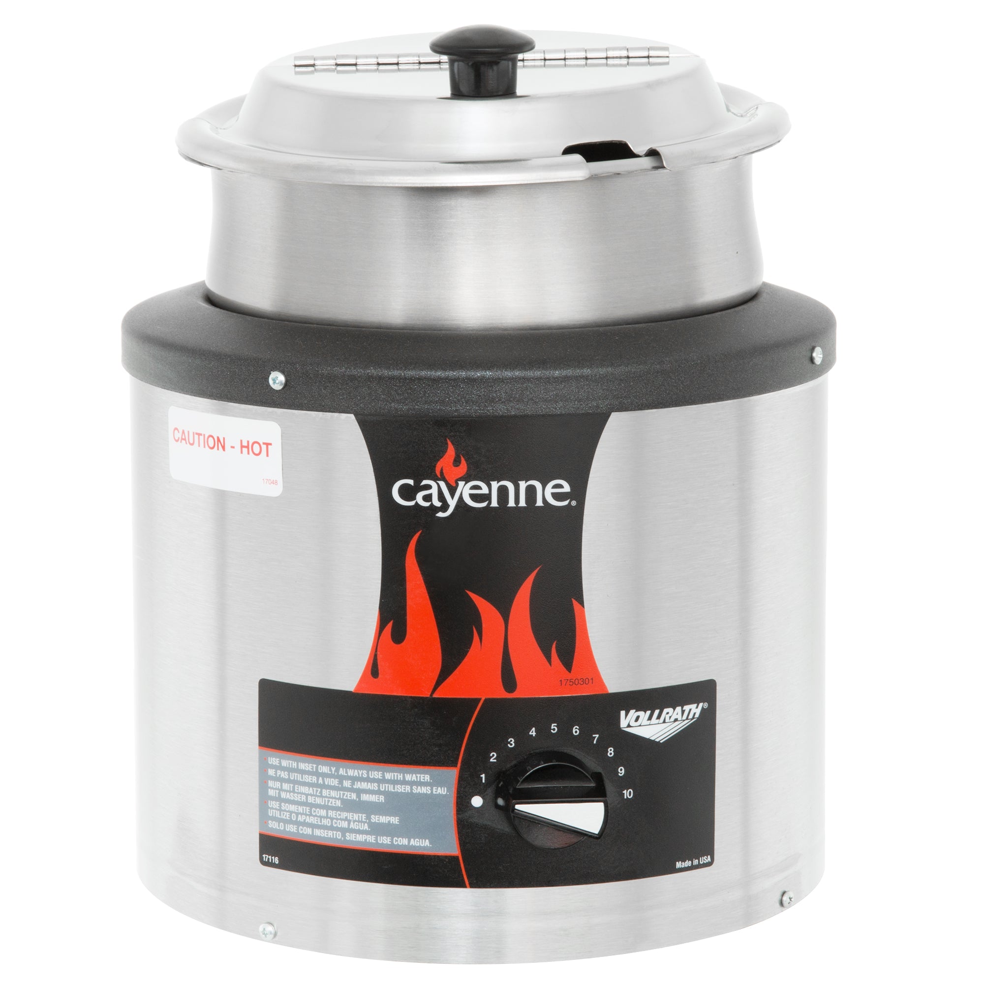 120-volt round Cayenne® countertop warmer with 4-quart inset and hinge cover (Cayenne ® SS-4 with inset (78164), cover (78160), and hinge (72222))