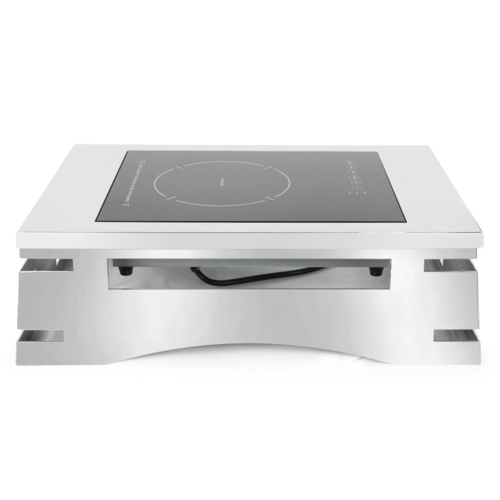 All-in-One REVO Chafer Stand, rectangle, 23-3/4”W x 16”D x 7”H, includes hook-on sterno shelf, adaptor & cooking induction model #806IND, 18/10 stainless steel polished frame, hinged chafer, carving board, grill, griddle & ice bin capabilities