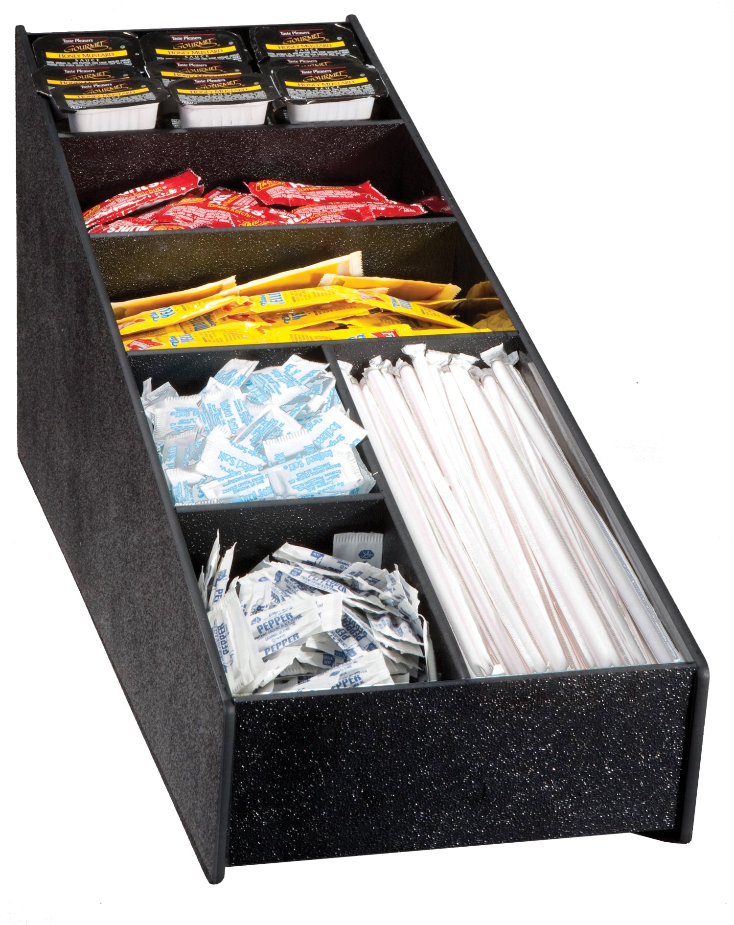 Six-compartment countertop condiment and straw organizer