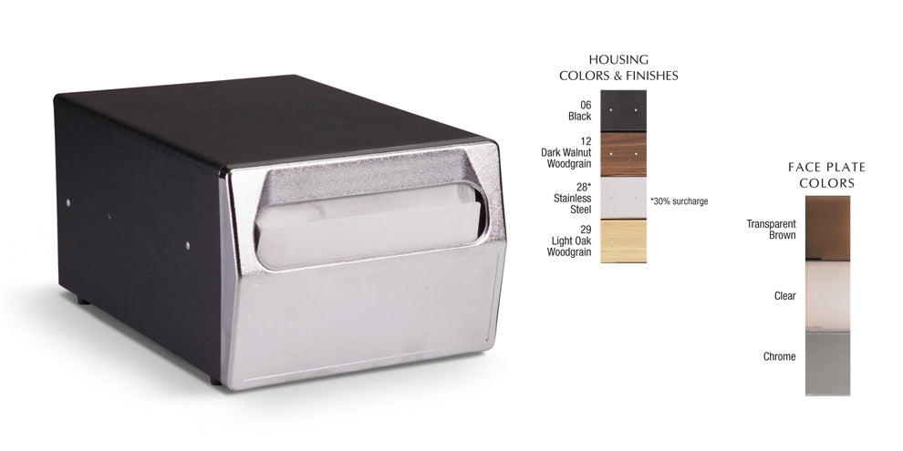 One-sided stainless steel countertop napkin dispenser with chrome faceplate
