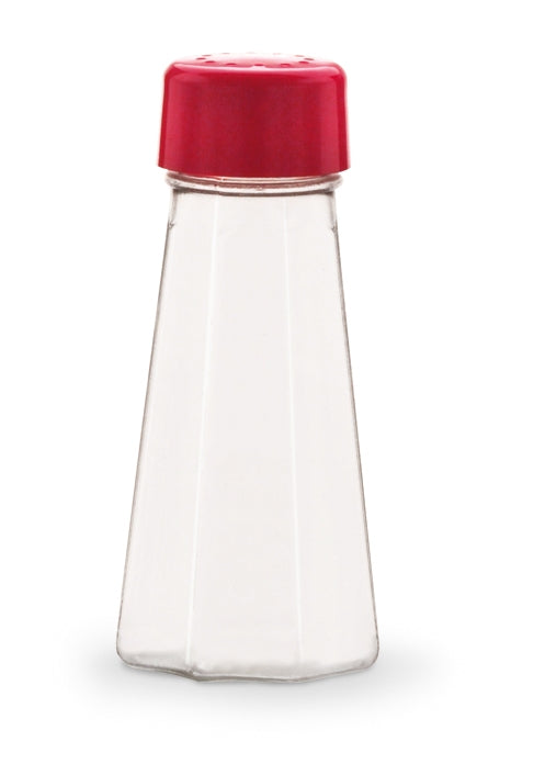 Traex® Dripcut® clear polycarbonate café-style salt and pepper shakers with red plastic tops