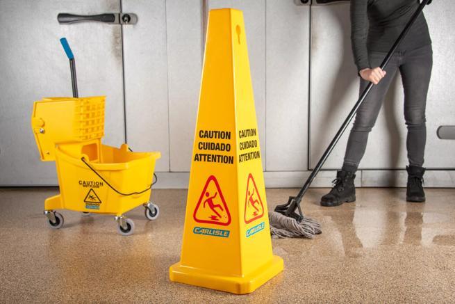 Yellow Multilingual Wet Floor "Caution" Cone Floor Sign