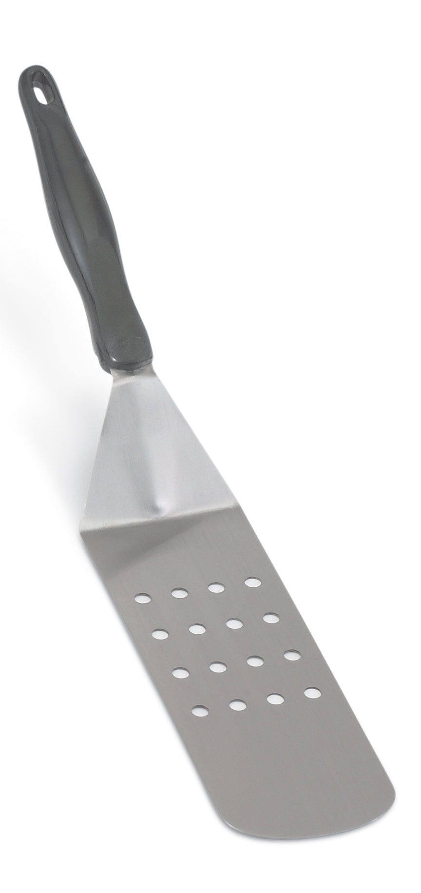 Heavy-duty stainless steel perforated hamburger turner with nylon Ergo Grip™ handle in black