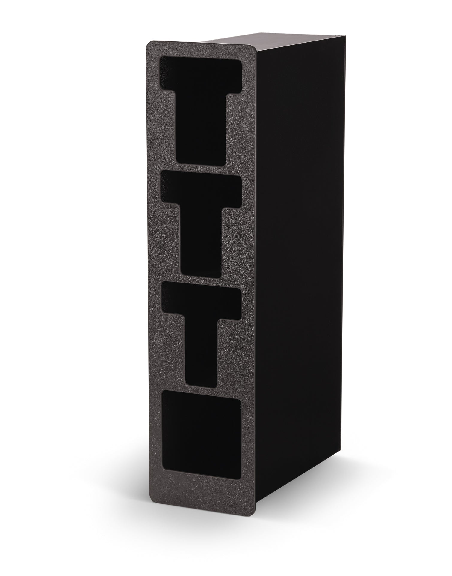 Three-column vertical flush-mount T-shaped lid holder with straw holder in black
