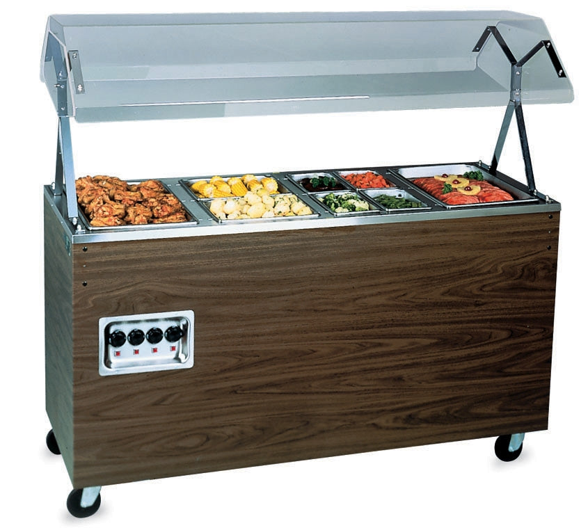 60-inch 2-Series Affordable Portable™ Hot Food Station with open storage in walnut woodgrain