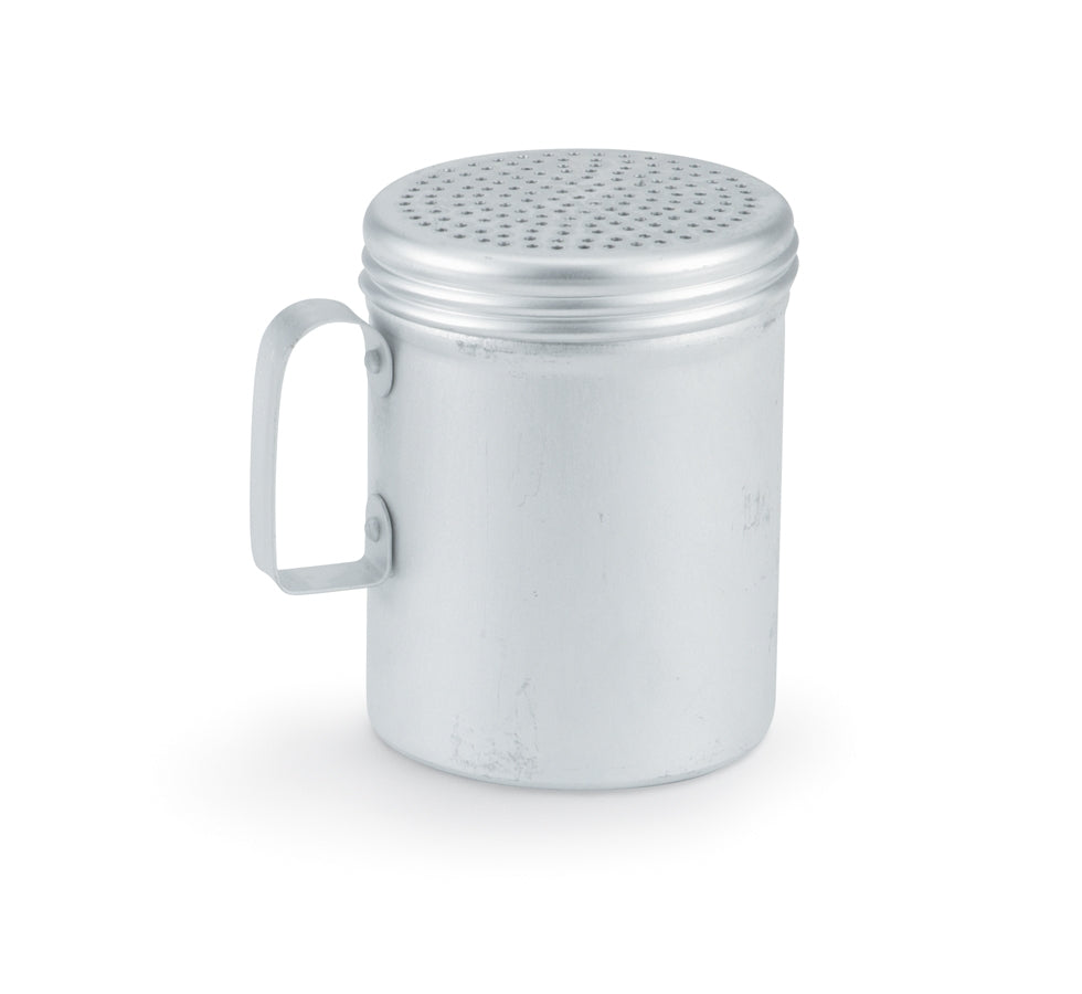 10-ounce aluminum dredge with riveted handle and 0.047-inch diameter holes