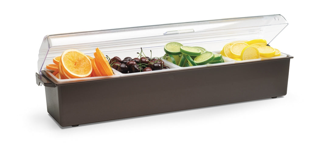 Traex® Kondi-Keeper™ plastic condiment dispenser in black with four 1-quart inserts